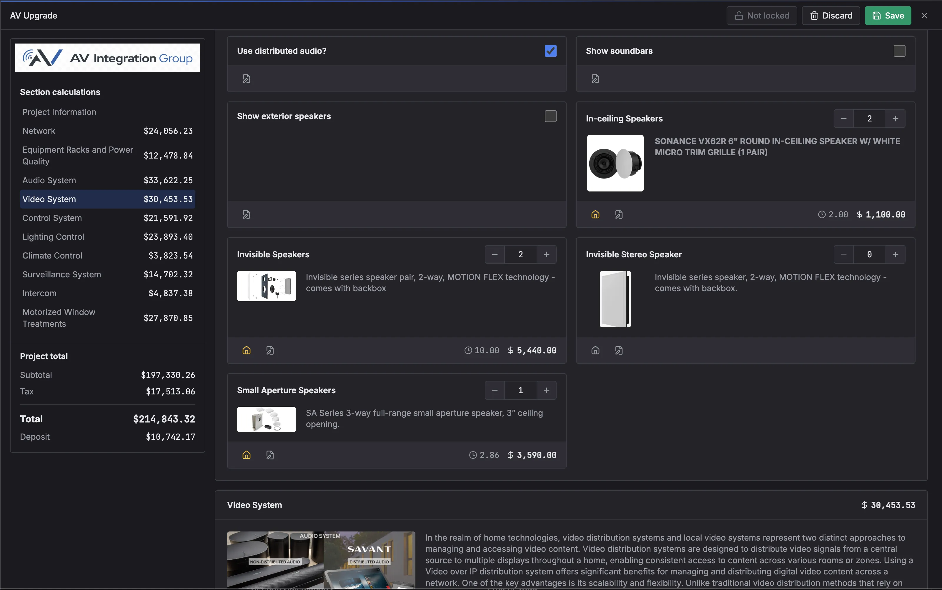 Salengy project editor — sidebar of sections with running totals and project total/subtotal/tax/deposit, content area with user options (toggles + per-product quantities and prices, real AV products like Sonance VX82R), Save / Discard / Not locked controls at the top.