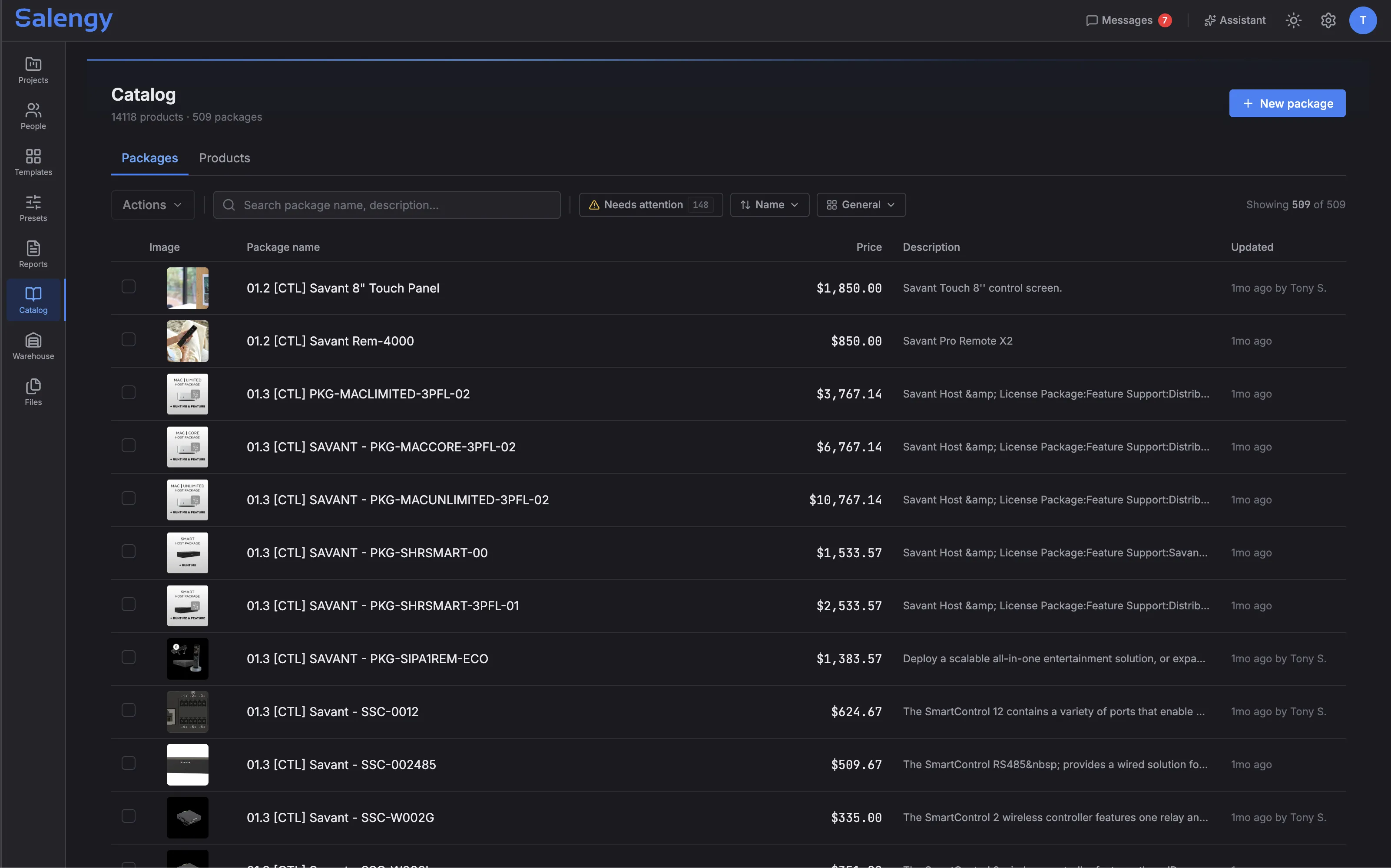 Salengy catalog browser — Packages tab showing 1,416 products across 698 packages of real Savant AV equipment with prices, descriptions, and last-updated metadata.